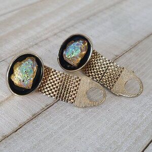 Vintage Cufflinks Volcanic Lava Glass Irridescent Gold Tone